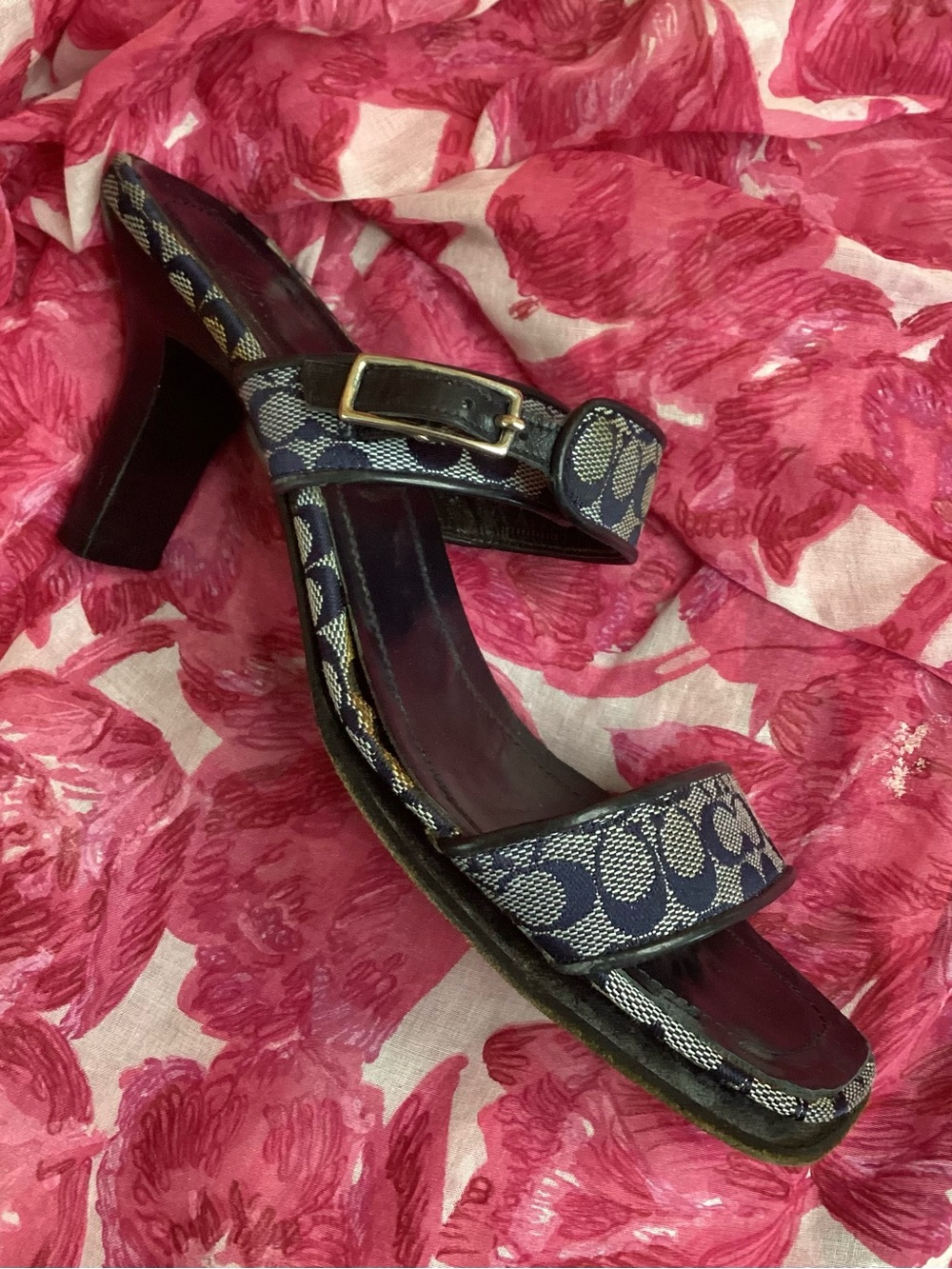 Coach Navy Signature Canvas Mid-Heel Sandal with Gold Buckle 7.5M